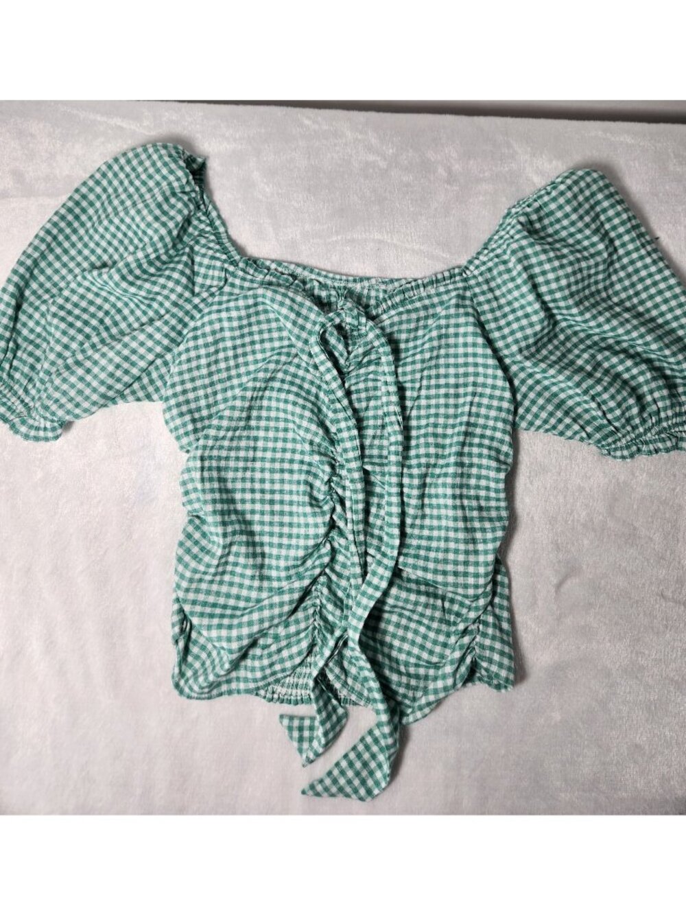 Rabbit Rose Green Gingham Crop Tie Puff Sleeve Top-SZ L